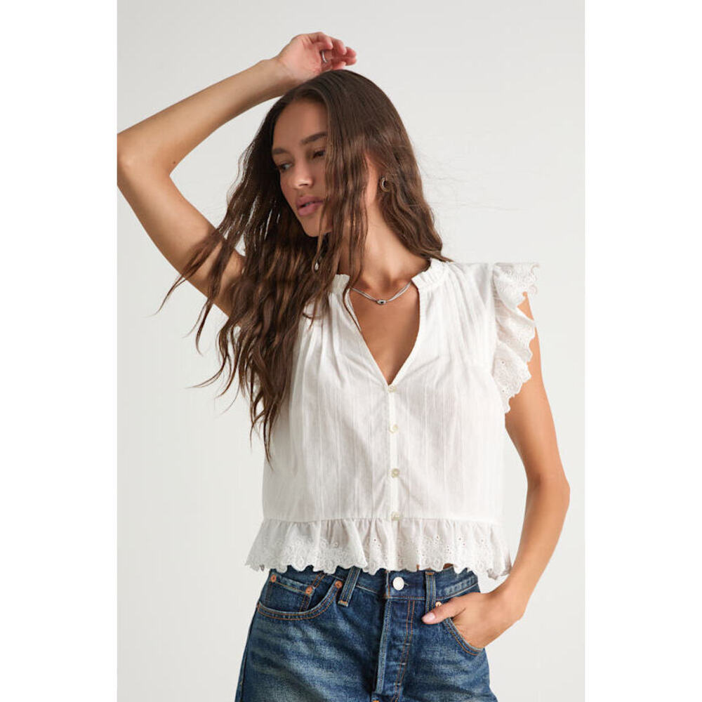 Lulus Annabelle Ivory Pleated Cotton Button-up Top White - Size XS
